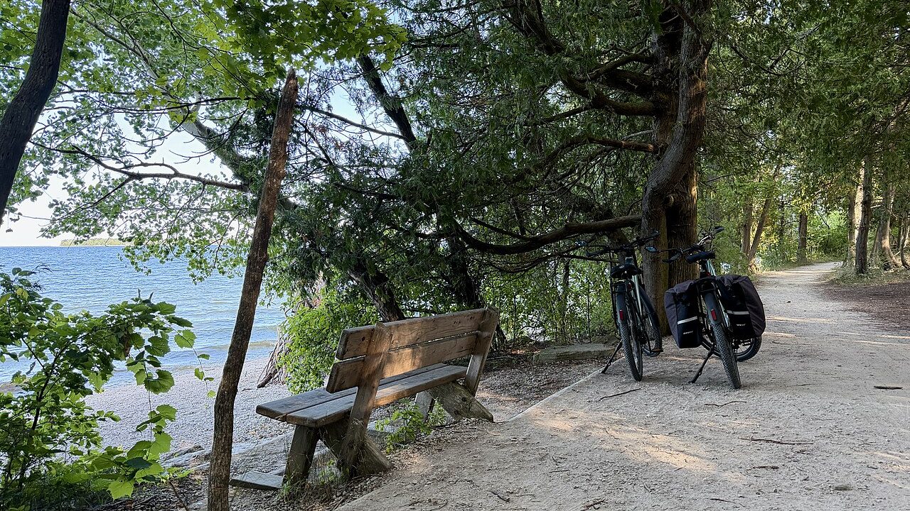 Bicycle on a wooded lakeside trail in Wisconsin