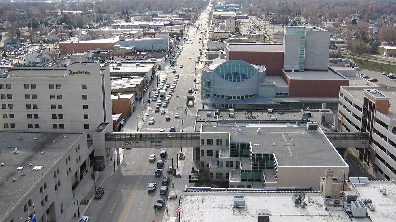 Downtown Appleton and the Fox River valley seen from a rooftop