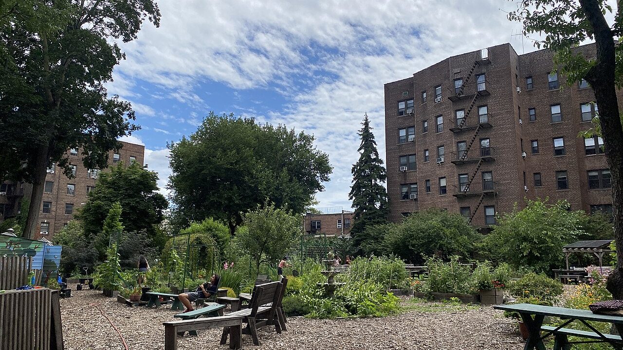 Volunteer-run community garden with raised beds and benches