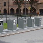 Row of sorted recycling containers
