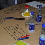 Small-group conversation around a table with notes, World Café style